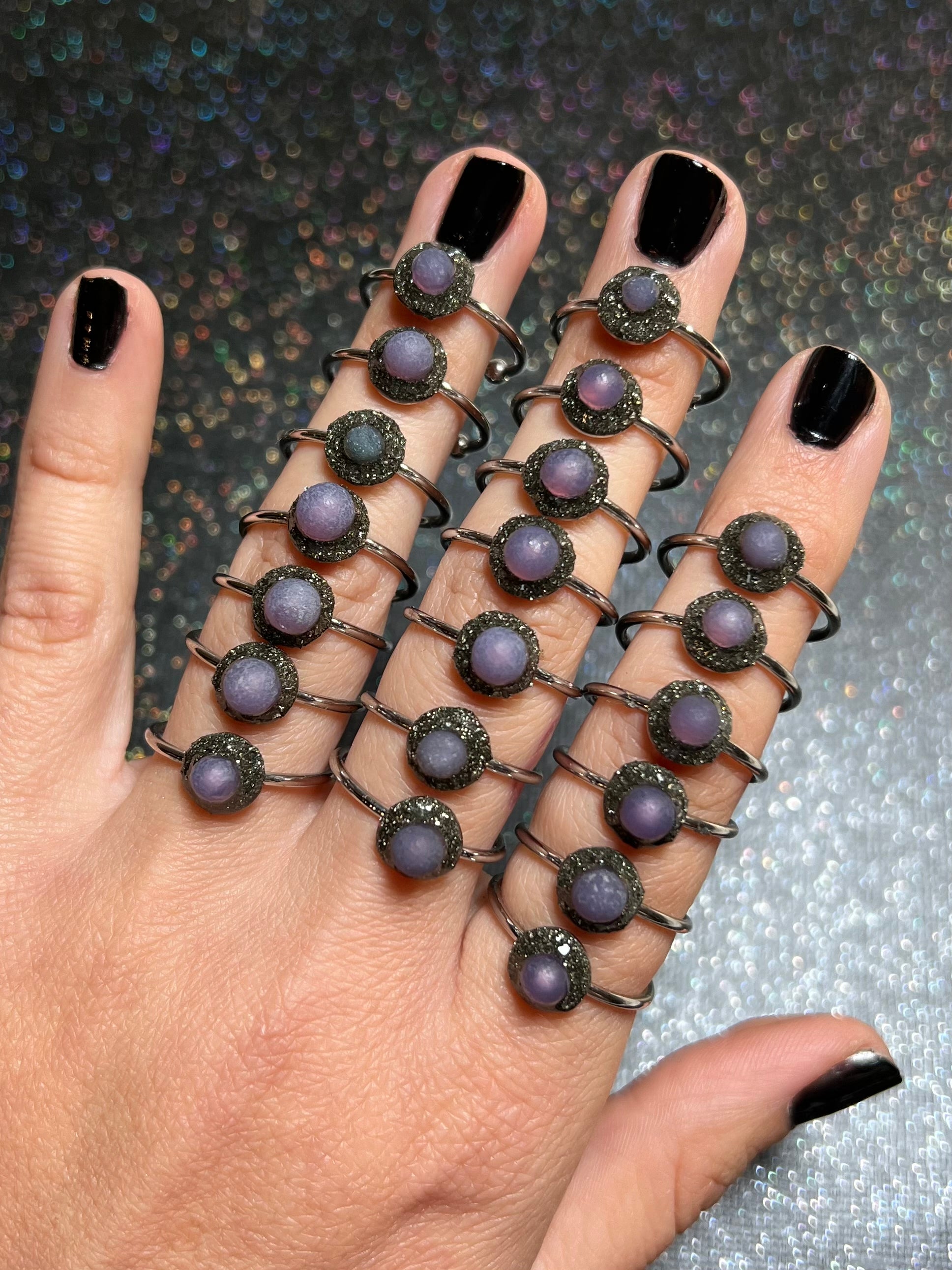 Raw grape agate pyrite rings thin bands